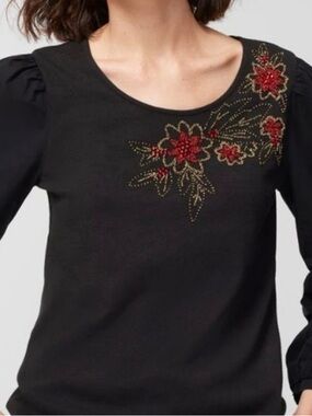 Chico's Black Long-Sleeve Top with Red & Gold Floral Embellishment